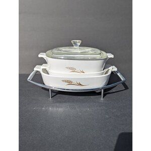 1963 to 1971 Vintage Corning Ware Golden Wheat Baking Dishes 5pc Set with Holder
